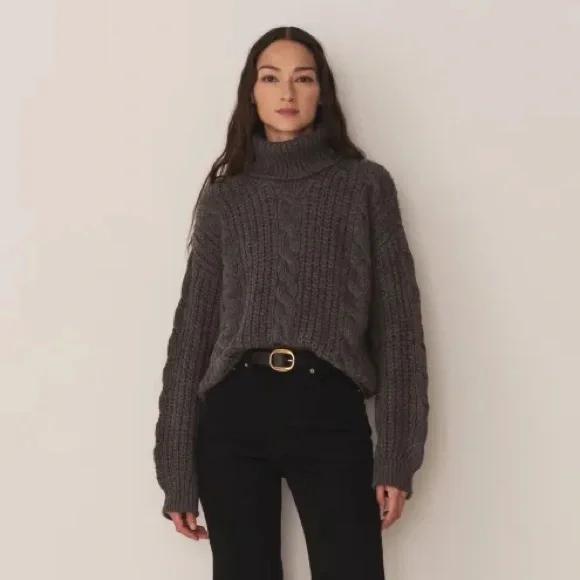 Doen Leighton Merino Wool Cable Knit Turtle Mock Neck Sweater Dark Grey - Picture 6 of 10